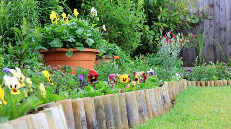 Beetbegrenzung aus Holz entlang eines Blumenbeetes